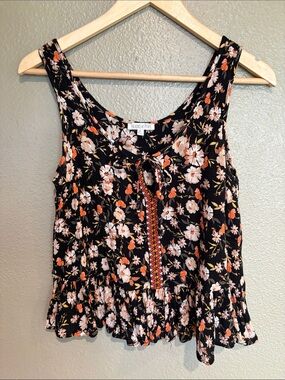 Patrons of Peace Black Floral Tie-Front Tank with Ruffle Hem